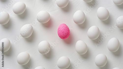 A pink egg is surrounded by white eggs.
