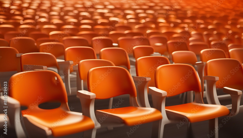 Obraz premium plastic orange colored empty audience chairs, isolated white background 