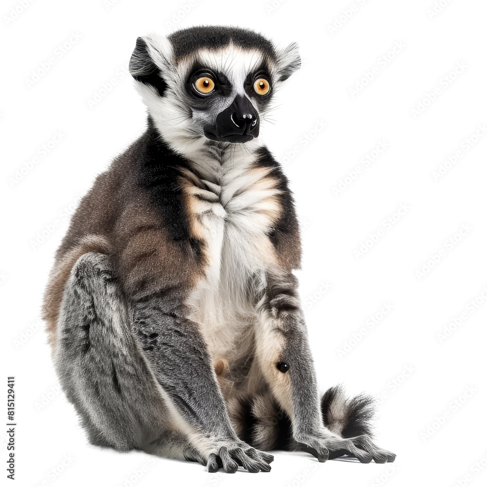 A ring tailed lemur is seated in front of a plain white backdrop, a Beaver Isolated on a whitePNG Background