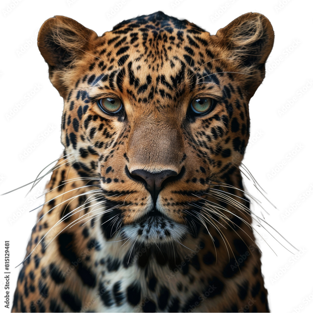 A detailed view of a leopard with distinctive spots, set against a plain white backdrop, a leopard isolated on transparent background A detailed view of a leopard with distinctive spots, set against a plain white backdrop, a leopard isolated on transparent background