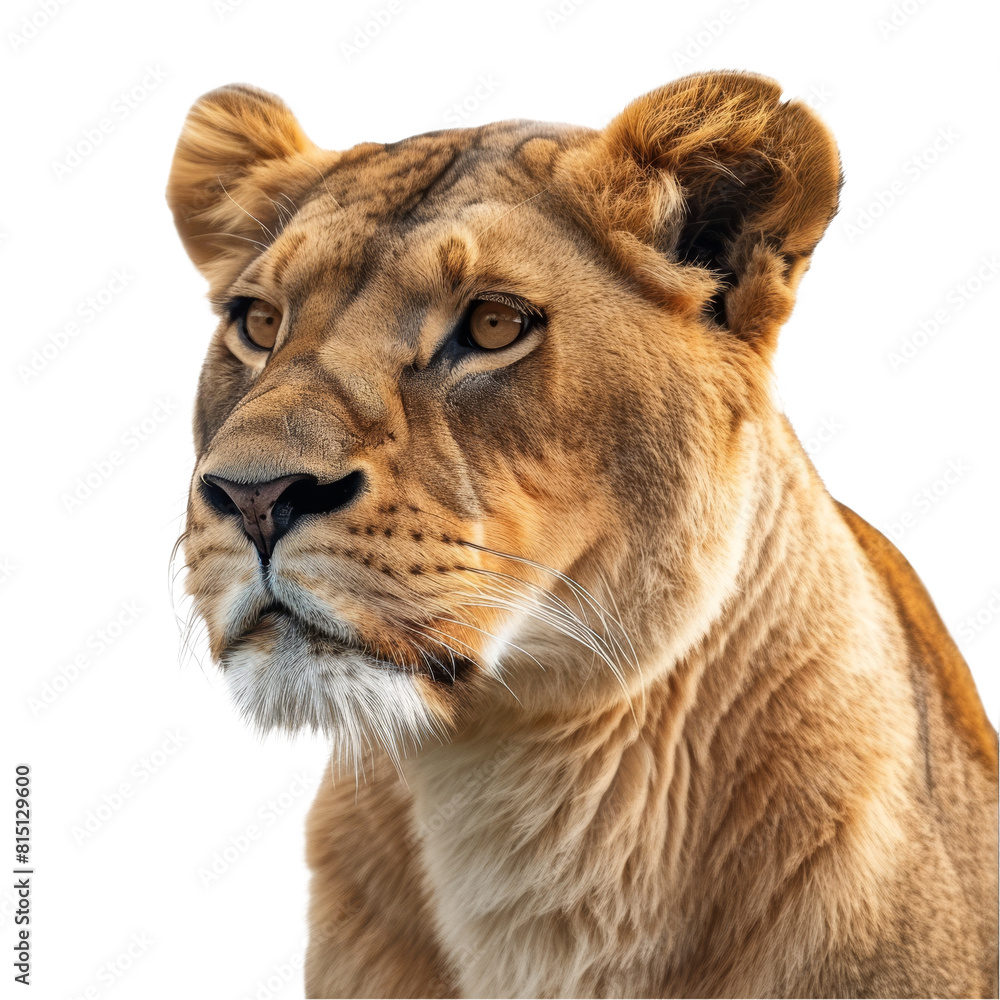 Obraz premium A close-up of a lioness posing on a Png background, showcasing its majestic features and powerful presence, a Beaver Isolated on a whitePNG Background