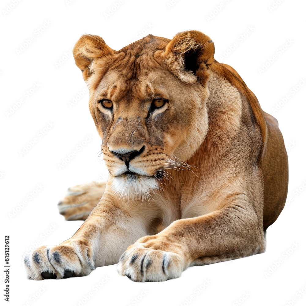 Fototapeta premium A lioness laying down on a Png background, resting peacefully, a Beaver Isolated on a whitePNG Background