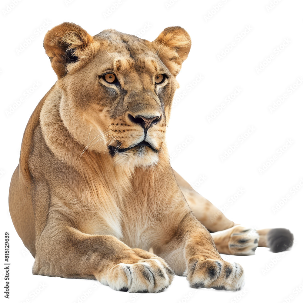 Fototapeta premium A lioness rests on a white surface in a relaxed position, a Beaver Isolated on a whitePNG Background