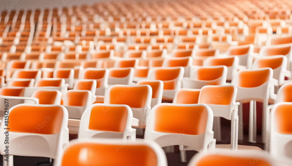 Fototapeta premium plastic orange colored empty audience chairs, isolated white background