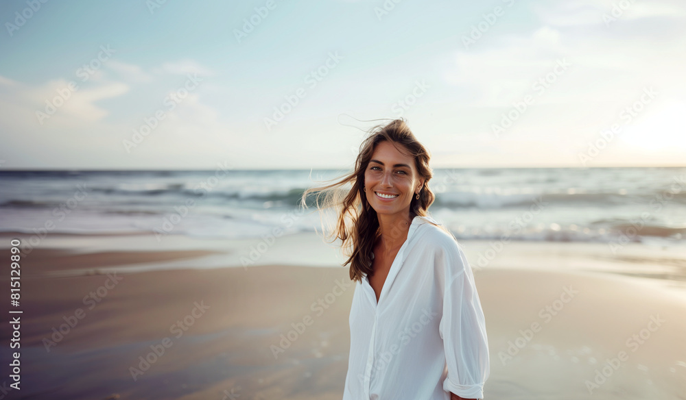 Natural woman at the beach, white shirt, summer time Natural woman at the beach, white shirt, summer time