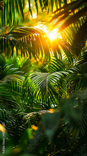 A sun is shining through the leaves of a jungle.