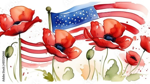 Memorial Day Banner. red poppy flowers on the background of the American flag, watercolor, Conceptual logo design. US Memorial Day