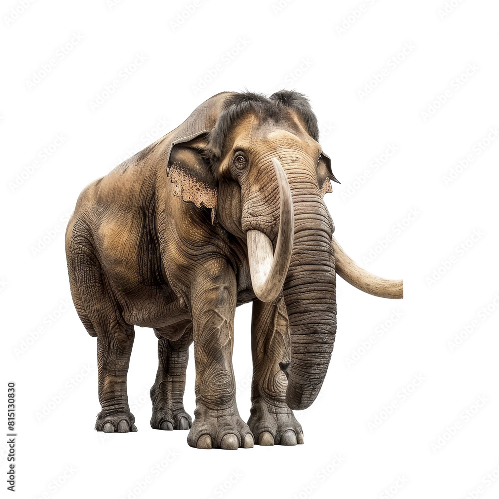 Fototapeta premium A majestic elephant with long tusks standing on a plain Png background, a mastodon isolated on transparent background