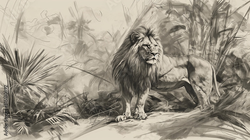 Sketch a realistic wildlife scene  portraying a majestic lion in its natural habitat  surrounded by lush greenery and other African wildlife