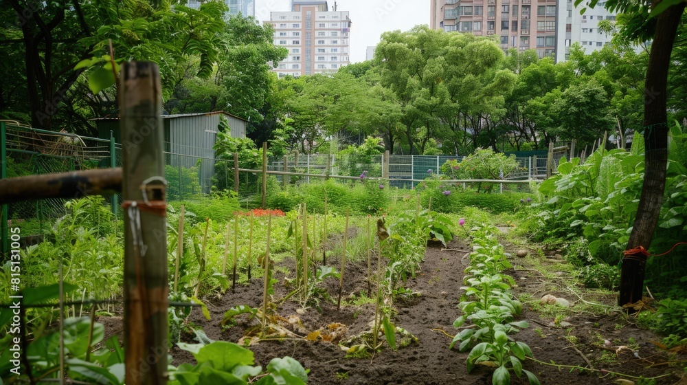 Naklejka premium A small vegetable patch managed by urban farmers, a slice of agriculture in the city.