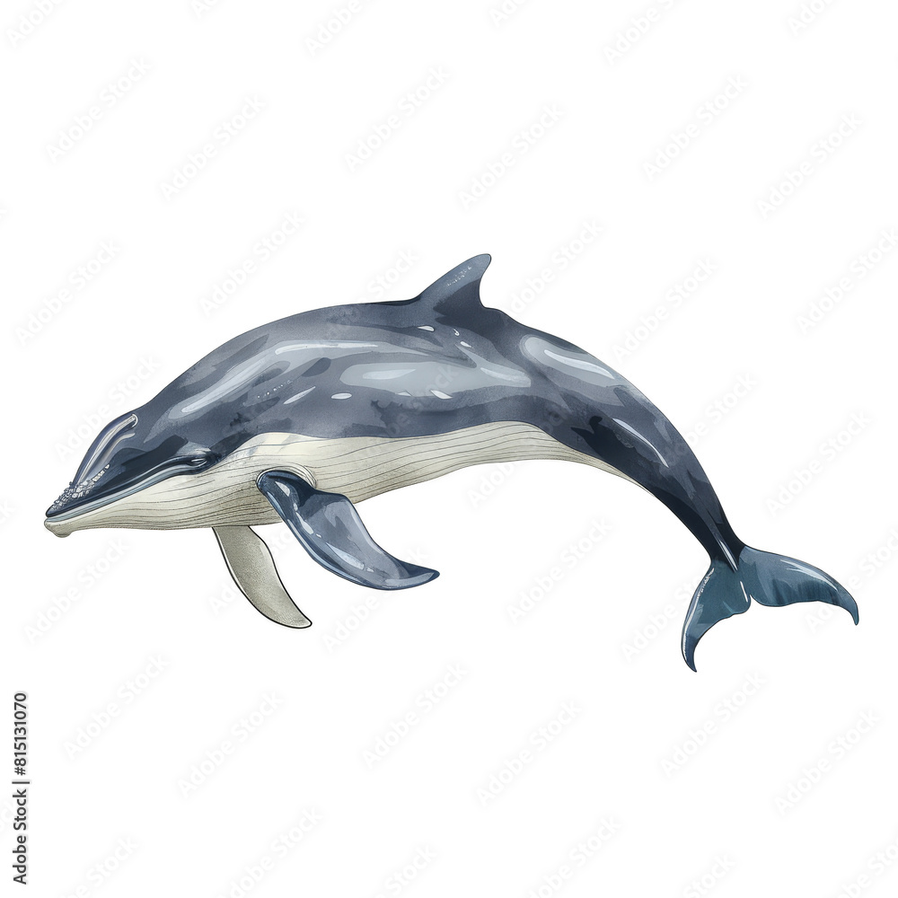 Obraz premium A watercolor illustration of a dolphin swimming gracefully on a Png background, a minke whale isolated on transparent background