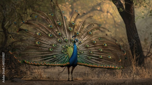  A peacock displaying its feathers in Indiaâ€™s Ranthambore National Park.