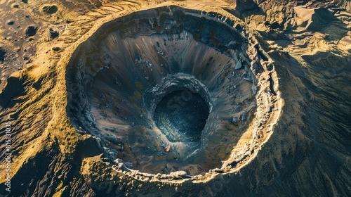  Aerial shot of a dormant volcano crater, nature's perfect circle. photo