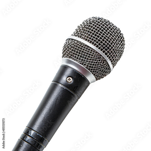 A microphone placed on a plain white surface, a microphone isolated on transparent background