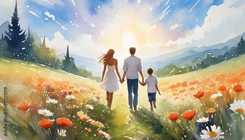 Junge Familie spaziert durch eine Blumenwiese.