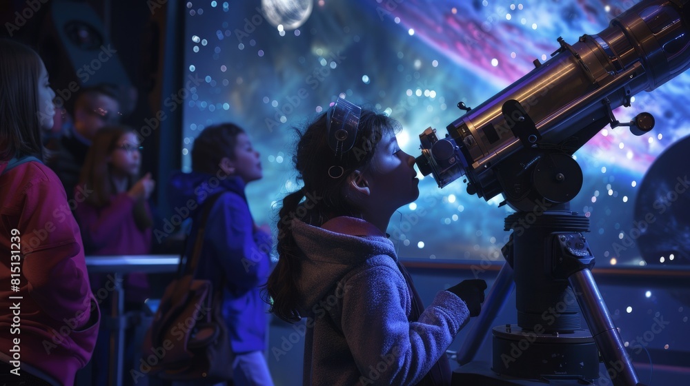 AI-guided stargazing, families at a night event, educational, interactive. AI-guided stargazing, families at a night event, educational, interactive.