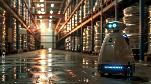 AI security robot patrolling a warehouse, bright lights, alert.