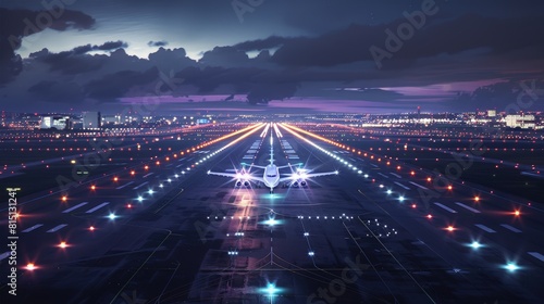  Airport runway at night, planes taking off under bright lights â€“ Night departures.