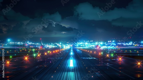  Airport runway at night  planes taking off under bright lights          Night departures.