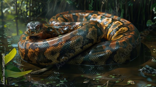  Anaconda coiled in Amazon swamp, lurking, suspenseful.