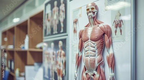  Anatomical chart of the human muscular system hanging in a medical office for patient education. photo