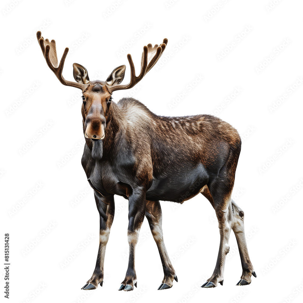 A moose stands against a white backdrop, a Beaver Isolated on a whitePNG Background A moose stands against a white backdrop, a Beaver Isolated on a whitePNG Background
