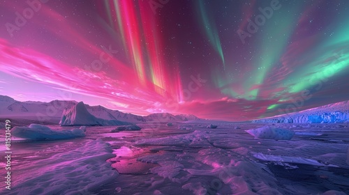  Aurora borealis dancing over a glacier, vivid colors lighting up the night sky. photo