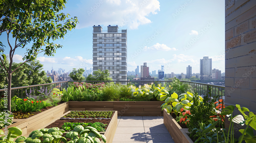 Fototapeta premium Urban Eden: Vibrant Rooftop Garden Cultivating Community and Sustainability