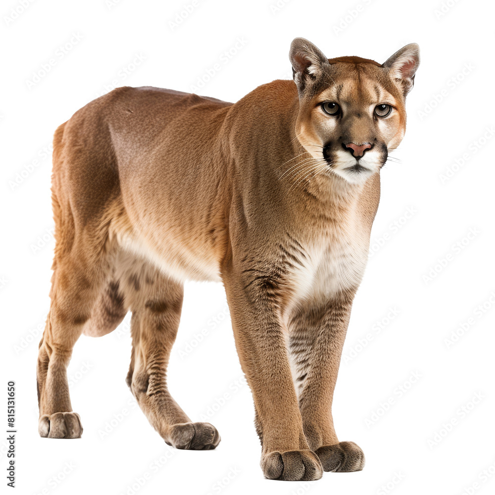 Obraz premium A mountain lion stands proudly against a white backdrop, a mountain lion isolated on transparent background