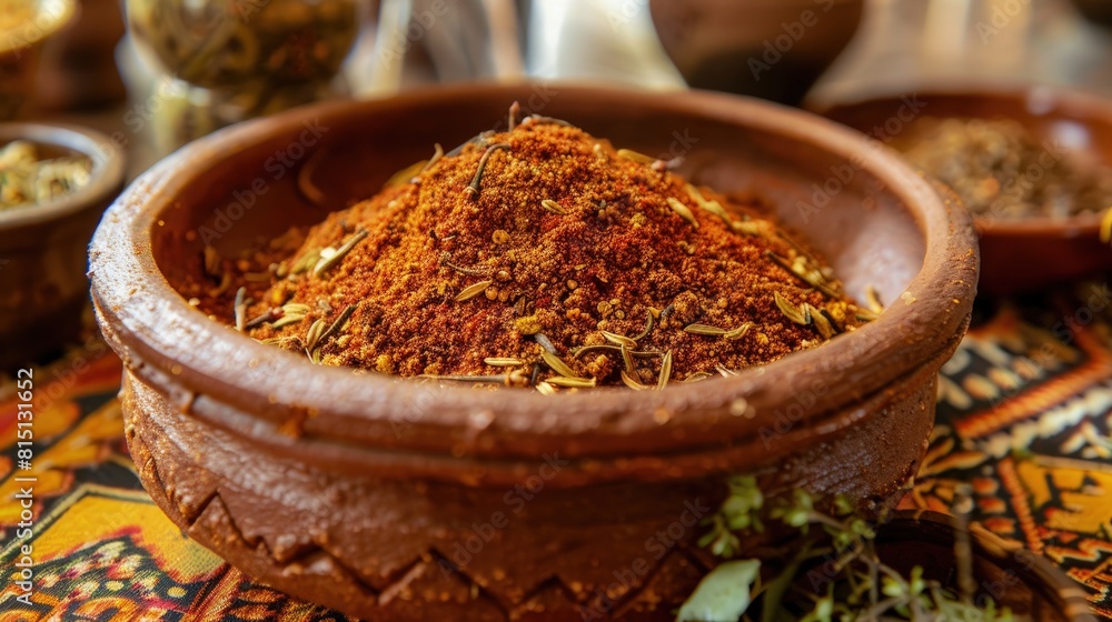 Berbere spice mix, fiery and rich, in an Ethiopian clay dish. Berbere spice mix, fiery and rich, in an Ethiopian clay dish.