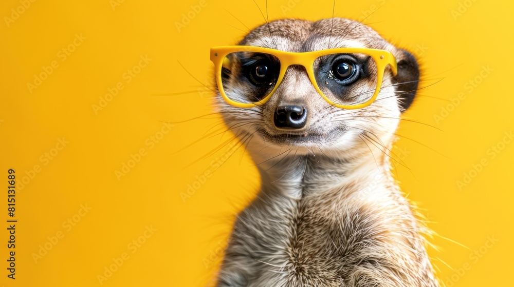 Portrait of fashionable meerkat animal with glasses isolated on yellow background. Generated AI