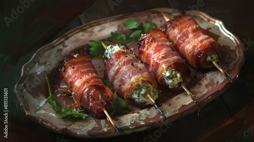  Bacon-wrapped dates, stuffed with blue cheese, on a small plate.