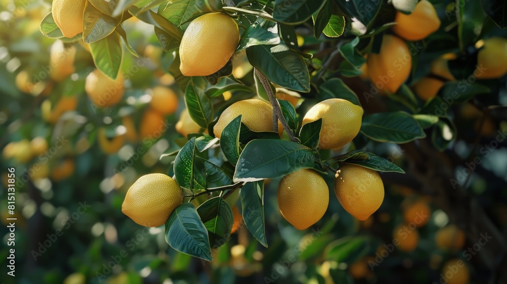  Bright yellow lemon tree, heavy with fruit.