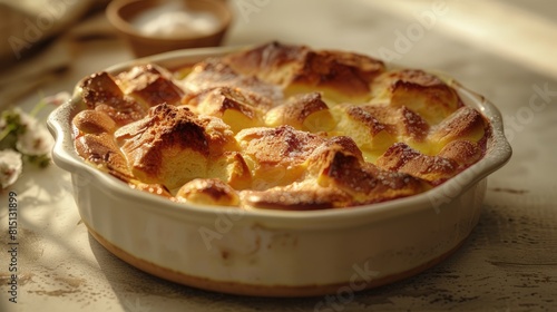  Brioche bread pudding, rich vanilla custard, golden crust. © Gefo