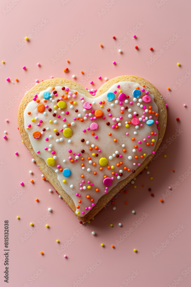 Treat: Heart-Shaped Cookie on Pastel Background Treat: Heart-Shaped Cookie on Pastel Background