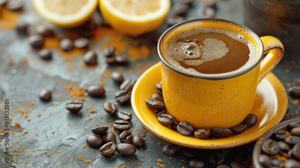 A cup of coffee atop a saucer filled with coffee beans and a lemon nearby A cup of coffee atop a saucer filled with coffee beans and a lemon nearby