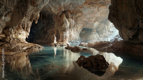  Caving in the caves of Slovenia, underground rivers, stalactites and stalagmites, dark exploration.