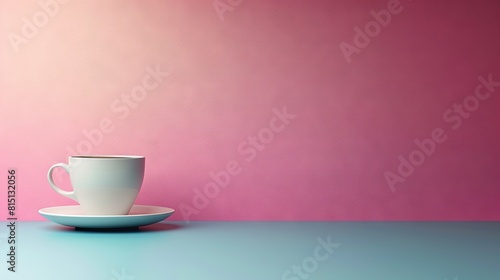  A white cup sits atop a saucer on a blue-pink table near a pink wall