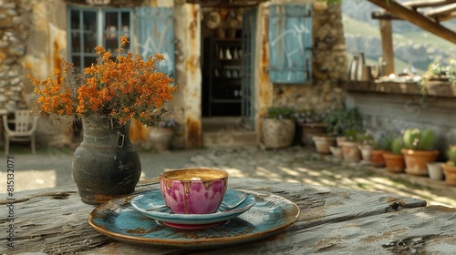   A cup of coffee sits atop a blue saucer, atop a wooden table, adjacent to a vase of flowers