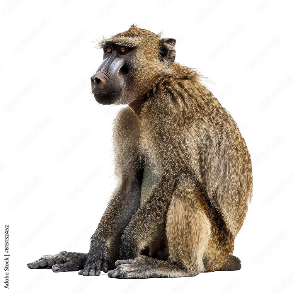 An olive baboon is seated in front of a plain white backdrop, a olive baboon isolated on transparent background An olive baboon is seated in front of a plain white backdrop, a olive baboon isolated on transparent background