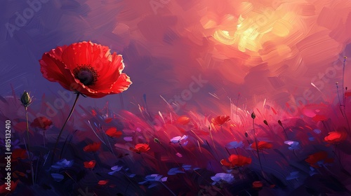  Purple and pink petals surround a central red flower in a vibrant field The canvas's top features a captivating purple sky