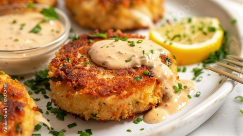  Crab cakes, crisp and golden, with a spicy remoulade sauce.