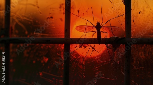  Crane fly resting on a window pane, twilight, silhouette.