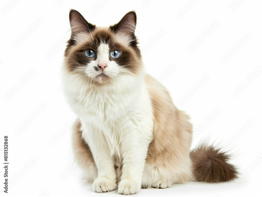 A brown and white cat sitting on a white background.