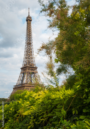 Eiffel Tower viewed from the banks with frame of vegetation