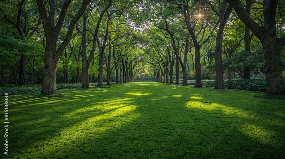   Sun illuminates green park grass via tree branches