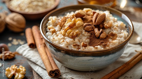  Diabetic-friendly breakfast, low-sugar oatmeal, nuts, cinnamon, controlled glycemic index.