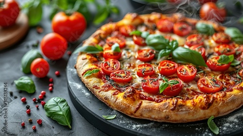   A close-up of a pizza on a plate  surrounded by tomatoes and basil  resting on a table with more tomatoes and basil nearby