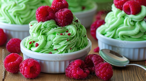   A close-up of a dessert in a bowl  with raspberries on one side