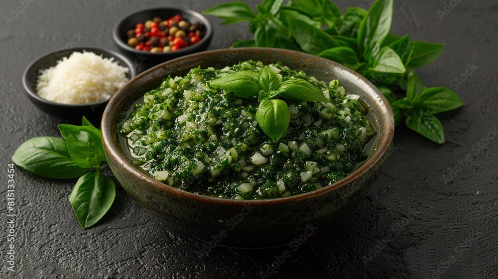 A green veggie bowl with white rice & seasoning on a table A green veggie bowl with white rice & seasoning on a table